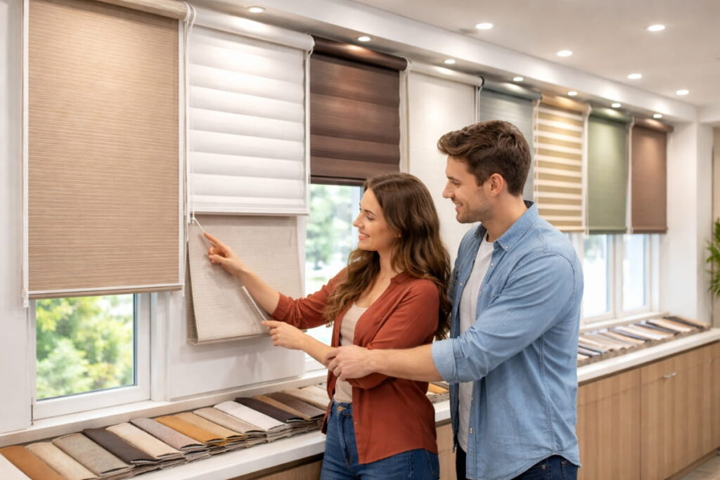 Pareja escogiendo entre las diferentes cortinas rollers